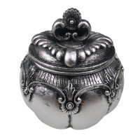 Ornament decorativ, Caseta rotunda cu capac si flori, Gri, 12 cm, 1177H