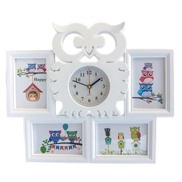 Rama foto colaj, In forma de bufnita cu 4 poze si ceas, 45 cm, 1359G