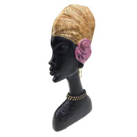 Statueta decorativa, Femeie Africana cu trandafir, Auriu, 30 cm,  1174HG