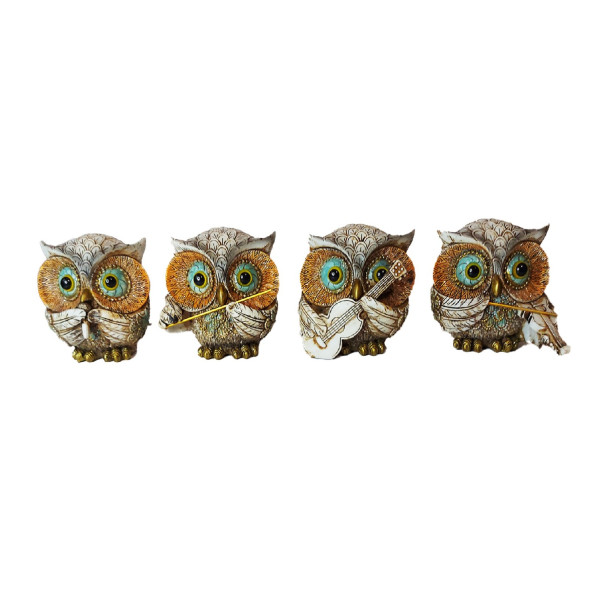 Statueta decorativa, Set 4 bufnite cu instrumente muzicale, Maro, 10 cm, GA2818